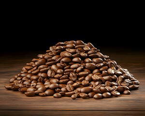 Wall Mural - pile of roasted coffee beans on wooden surface, showcasing rich textures and colors