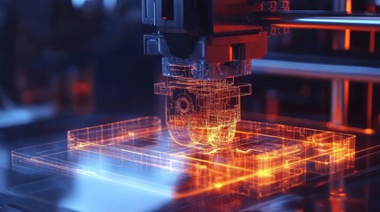Poster - Transparent futuristic D printer generating a holographic blueprint of a complex mechanical part.
