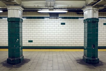 Poster - Empty subway platform featuring green tiled columns, white wall tiles, and a yellow safety strip