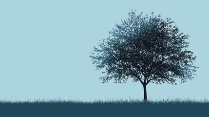 Poster - simple vector illustration of a tree silhouette against a soft blue background with gentle grass ele