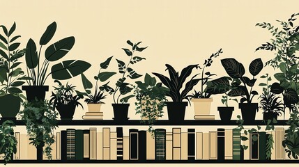 Poster - Elegant Silhouette of a Bookcase Filled with Green Plants and Books on a Soft Background