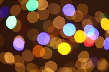 Sticker - Blurred view of colorful lights on dark background, bokeh effect