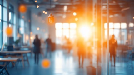 Wall Mural - Modern office, employees collaborate, sunlight, blurred background, teamwork