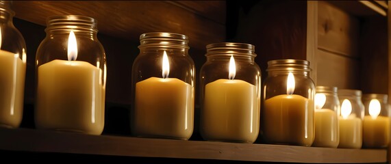 Charming closeup of handcrafted candles in jars lined up on a shelf inviting warmth and the comforting ambiance of flickering light