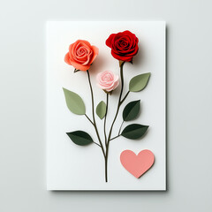 Wall Mural - Card with a heart and three roses on it. Minimalistic background.