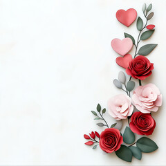 Wall Mural - White background with a red rose and a pink rose. Minimalistic background.