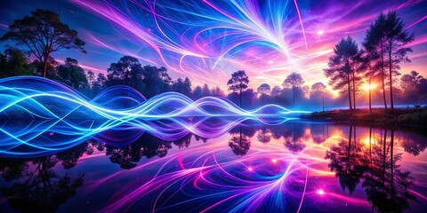 Aufkleber - Abstract Double Exposure: Glowing Purple Blue Lines & Shapes