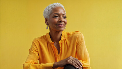 stylish senior woman smiling and looking away on yellow background