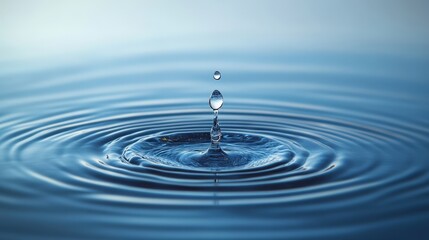 Poster - Close-Up of Water Droplet Creating Ripples on Calm Blue Surface Reflecting Daylight for Environmental and Nature Backgrounds