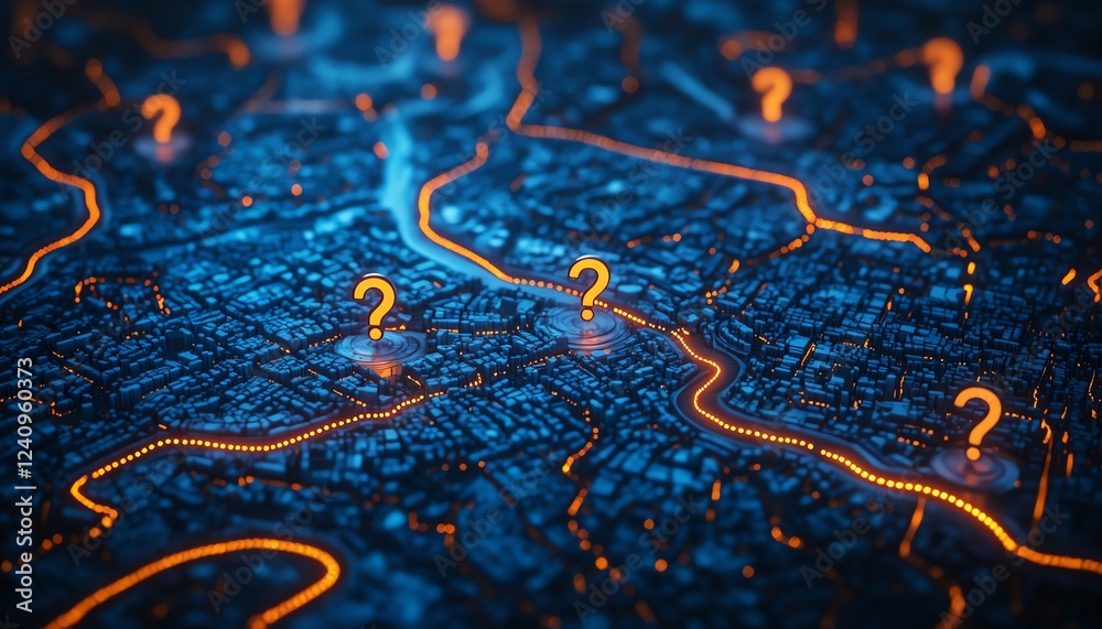 Confusing map with uncertain paths, question marks scattered, dotted ...