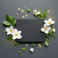 Wall Mural - Black square with white flowers and leaves surrounding it. Minimalistic background.