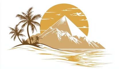 Elegant Golden Desert Sunset Logo Design with Palm Trees and Mountain on White Background