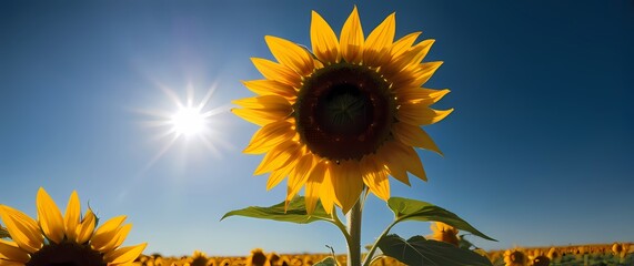 Wall Mural - Captivating closeup of a sunflower standing tall against a bright blue sky the perfect representation of summer happiness and vitality