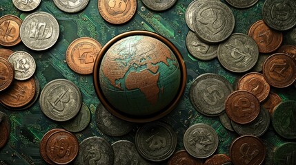 Poster - Financial theme showcasing a globe surrounded by coins on a futuristic digital background with stock market patterns