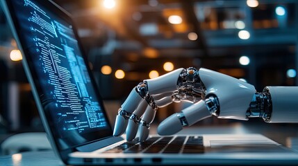 Poster - Male professional typing on a laptop, researching AI and OpenAI chatbot technology in a clean, minimalist workspace