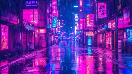 Wall Mural - Rainy Night, Neon City Street, Asia. Background Urban, reflections. Use Wallpaper, website