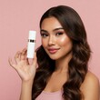 © Metehan - Close up of gorgeous charming brown wavy-haired lady ideal face presenting new product. Sales marketing discounts ad pampering lips dermatology healthcare concept isolated over pink pastel background