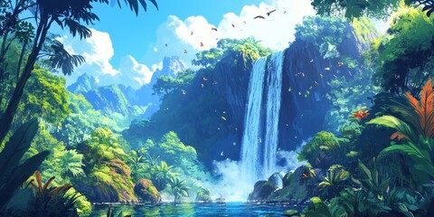 Wall Mural - Lush Tropical Waterfall Scene With Birds And Butterflies