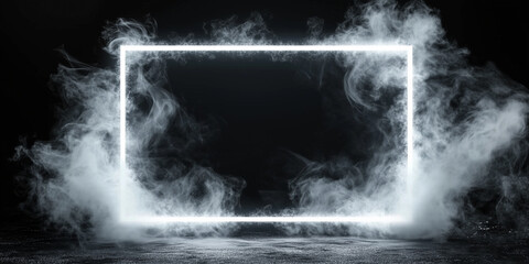 Poster - Glowing white frame on the dark background with smoke floating around. Neon empty border, monochrome wallpaper and banner.