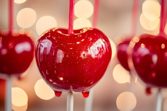 red candy apples on sticks, blurred background, bokeh effect, festive atmosphere, candy apple background for Valentine's Day or birthday party
