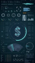 Poster - Motion graphic of Blue digital money logo with head up display (HUD UI) panel and futuristic technology abstract background crypto currency finance and digital money vertical video concepts