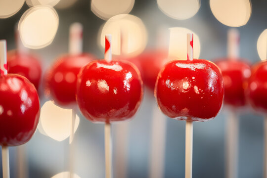 red candy apples on sticks, blurred background, bokeh effect, festive atmosphere, candy apple background for Valentine's Day or birthday party