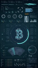 Poster - Motion graphic of Blue digital money logo with head up display (HUD UI) panel and futuristic technology abstract background crypto currency finance and digital money vertical video concepts