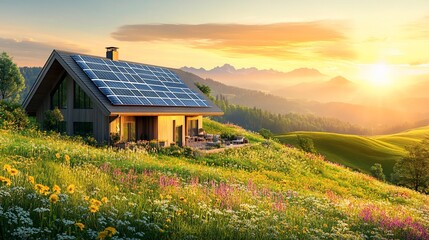 Canvas Print - Solar home, mountain sunset, wildflowers. Green energy