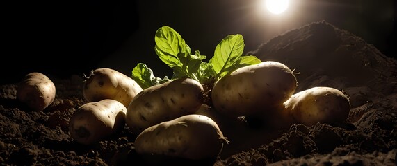 Wall Mural - vibrant closeup of potatoes breaking through rich dark soil showcasing natures sustenance and the pr