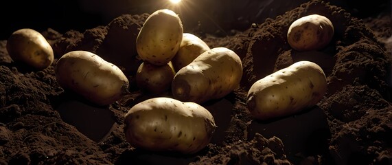 Wall Mural - vibrant closeup of potatoes breaking through rich dark soil showcasing natures sustenance and the pr