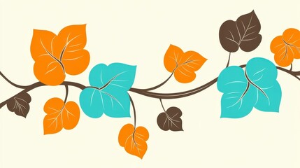 Wall Mural - Horizontal decorative vine with autumnal leaves, featuring orange, teal, and brown leaves on a cream background, simple line art design