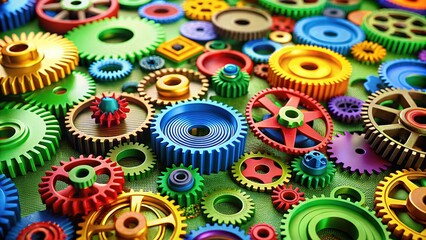 Colorful gears stand out against a vibrant green background, a stunning AI photorealistic product image.