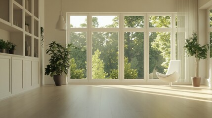 Wall Mural - Sunlit modern living room, large window, garden view, minimalist decor, home design