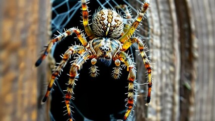 Wall Mural - A detailed close-up of a spider in its web against wooden texture.