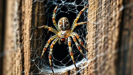 A close-up of a colorful spider resting in its intricate web.