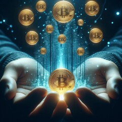 Wall Mural - Hyperrealistic Floating Gold Coins Above Hands with Digital Neon Forest Light