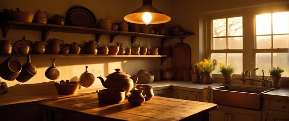 Wall Mural - Radiant closeup of a vintage kitchen with a rustic wooden table antique pots hanging above and charming decor backlit by a warm sunset