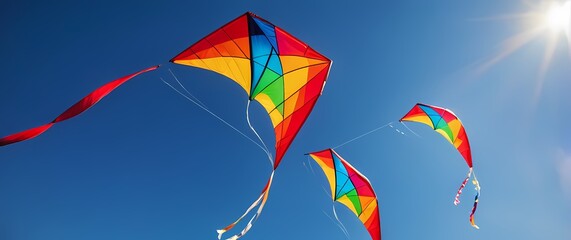 Wall Mural - Playful closeup of colorful kites flying freely against a blue sky symbolizing joy and the carefree spirit of childhood