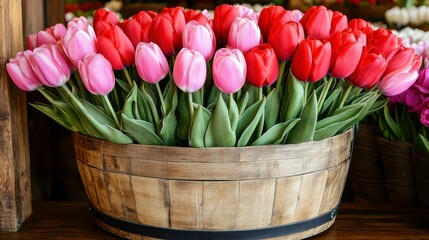 Canvas Print - Arrangement of pink and red tulips in a wooden trough shaped planter. The tulips are various shades of pink and red, clustered together tightly in