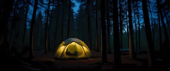 Wall Mural - mysterious camping tent set against dark woods at night highlighted by soft light inviting adventure