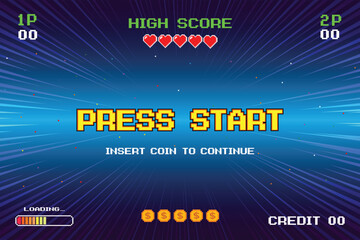 Wall Mural - PRESS START INSERT A COIN TO CONTINUE. pixel art .8 bit game. retro game. for game assets. Retro Futurism Sci-Fi Background. glowing neon grid. and stars from vintage arcade computer games