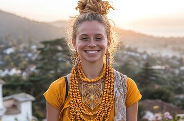 portrait of a young woman at sunset with beautiful balinese sacred geometry necklace in motion , iso