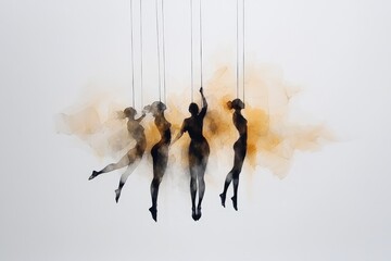 Poster - Abstract art of four graceful figures suspended by strings in a dynamic pose against a soft orange background