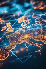 Poster - Close-up of a glowing digital map of Europe, highlighting a network of interconnected points and lines, representing the concept of a global data communication network.