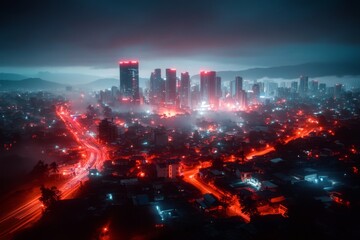Aufkleber - A futuristic city where wealth inequality is evidentâ€”towering skyscrapers contrast with slums below, with neon lights glowing above a dark, struggling underclass