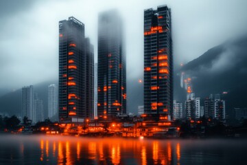 Aufkleber - A futuristic city where wealth inequality is evidentâ€”towering skyscrapers contrast with slums below, with neon lights glowing above a dark, struggling underclass
