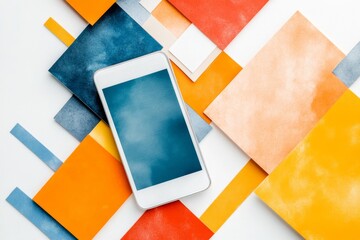 Aufkleber - A geometric depiction of a smartphone screen showing a simple banking interface, representing student account management, using soft colors and sharp contrasts