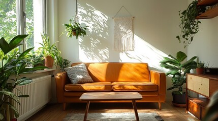 Wall Mural - Cozy Living Room with Bright Sunlight Streaming Through Window and Lush Green Plants in Contemporary Decor