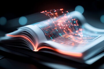 Poster - A holographic bank statement floating in mid-air, showing real-time transactions with glowing neon-blue details