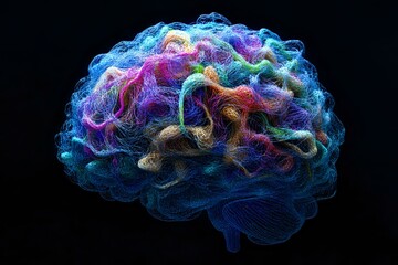 Poster - Colorful glowing brain visualization with vibrant neural networks showing interconnected pathways in blue, purple, and rainbow colors against black background.